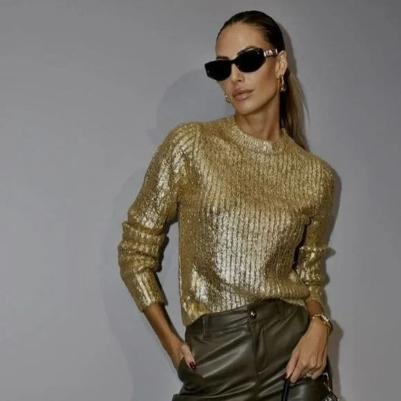 BLOGGER’S FAVE | NWT ZARA GOLD METALLIC SHIMMER CRACKLED KNIT SWEATER - Picture 6 of 11